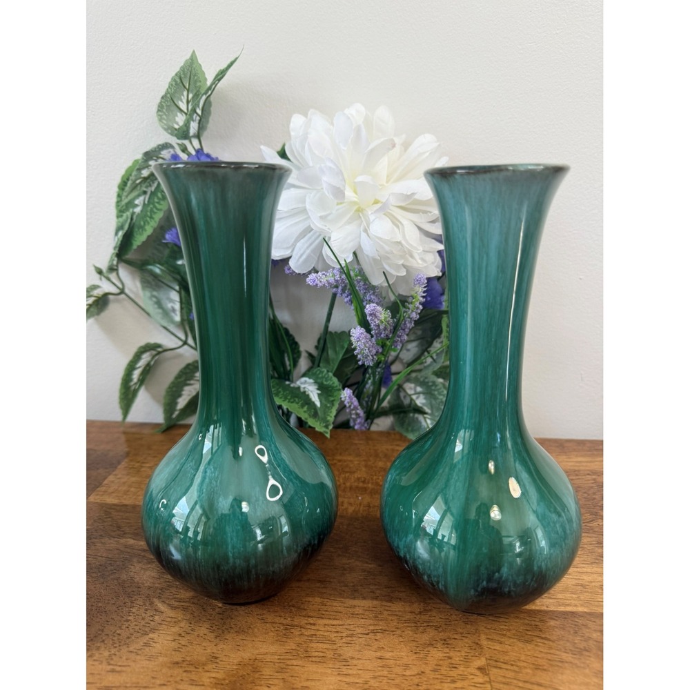 Vintage Blue Mountain‎ Pottery Mocha Green Flared Vases BMP Retro Decor